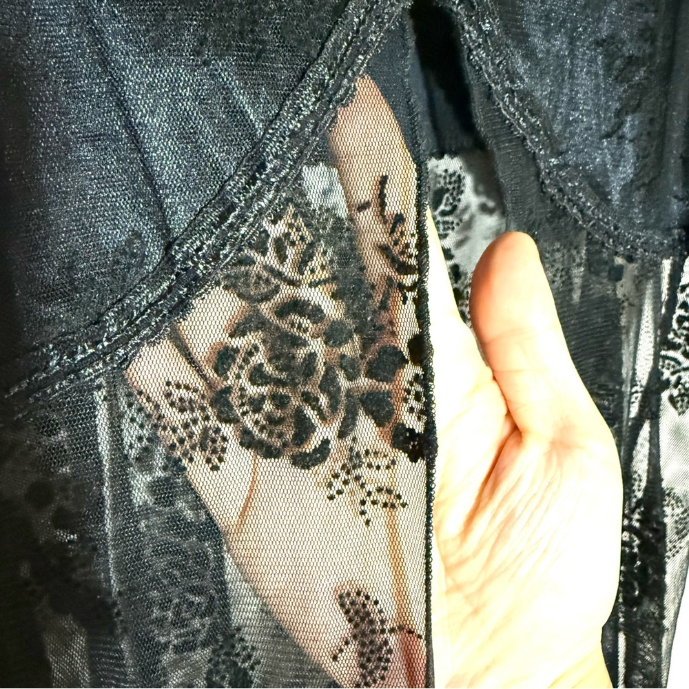 Sheer Black Velvet Floral Lace Slip Maxi Dress Rose Bow Whimsygoth Fairy Grunge - Picture 7 of 15